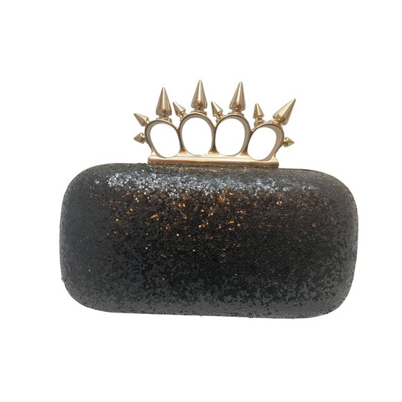 Glitter Knuckle Clutch - black with gold spikes + removable crossbody chain - Picture 2 of 6